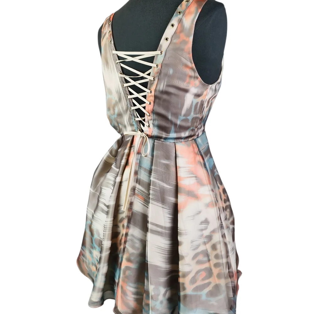bebe Women US 2 Pastel Animal Watercolor Print Lace-Up Chiffon Mini Dress Party - Picture 3 of 16
